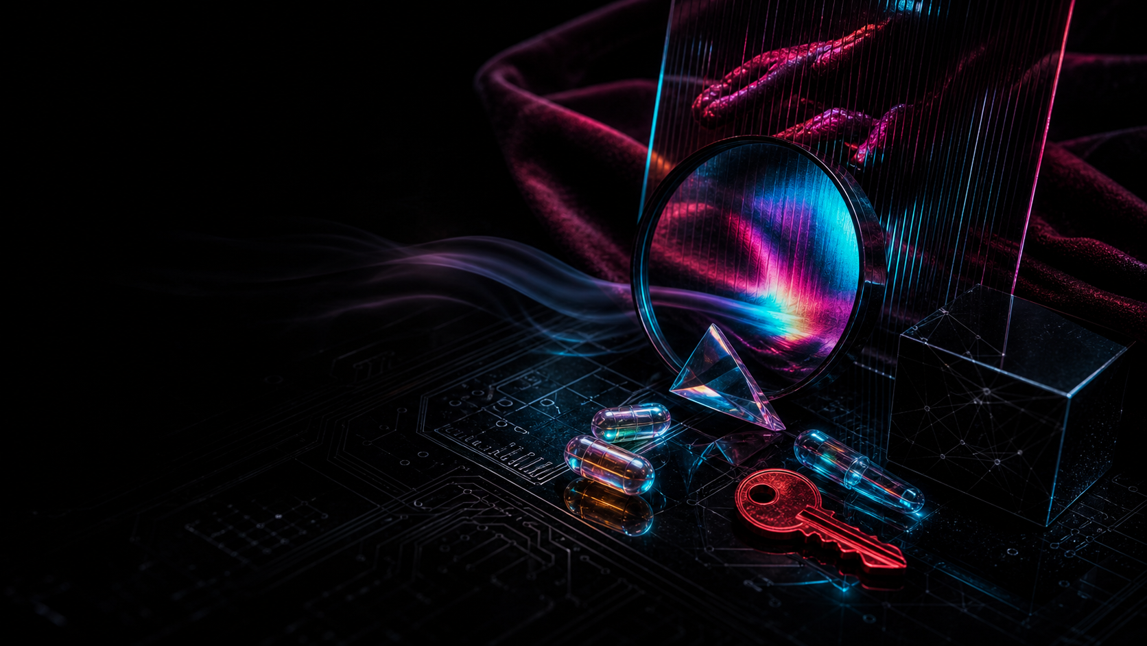 Cyber-noir symbolic still life of circuitry, glass, privacy keys, and abstract capsules